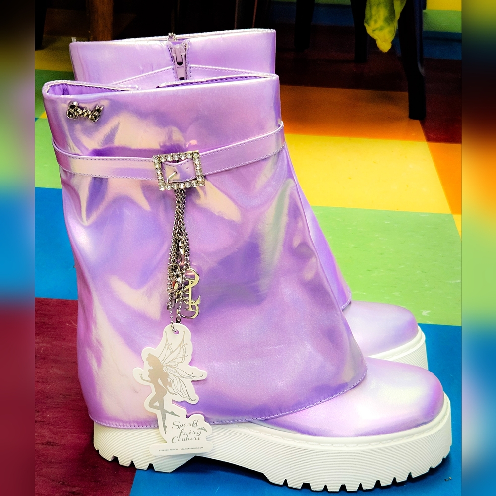 NWOB SOLD OUT!! DOLLS KILL X SFC purple holographic luna combat boot